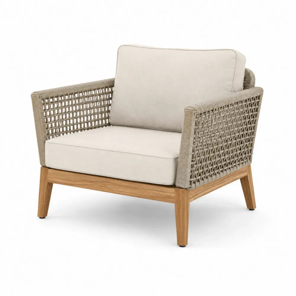 Garten-Loungesessel mit Armlehnen aus Akazienholz mit Polyesterseil und Polyesterkissen Naturfarben Taupe Hellbeige 82 x 78 x 76 cm