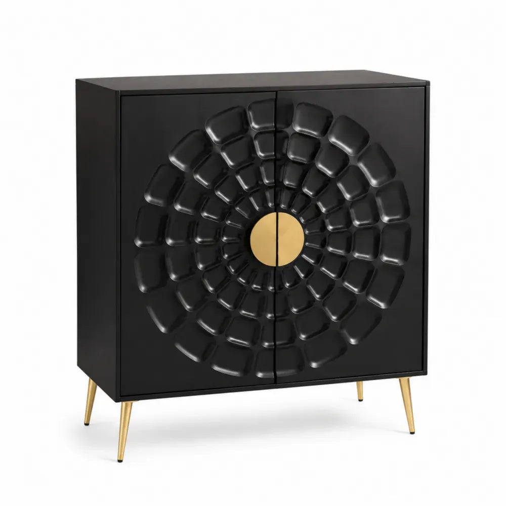 Aufbewahrungsschrank Sideboard MDF Melaminharzbeschichtung Stahlbeine Relief Front Schwarz Gold 90 x 40 x 90 cm