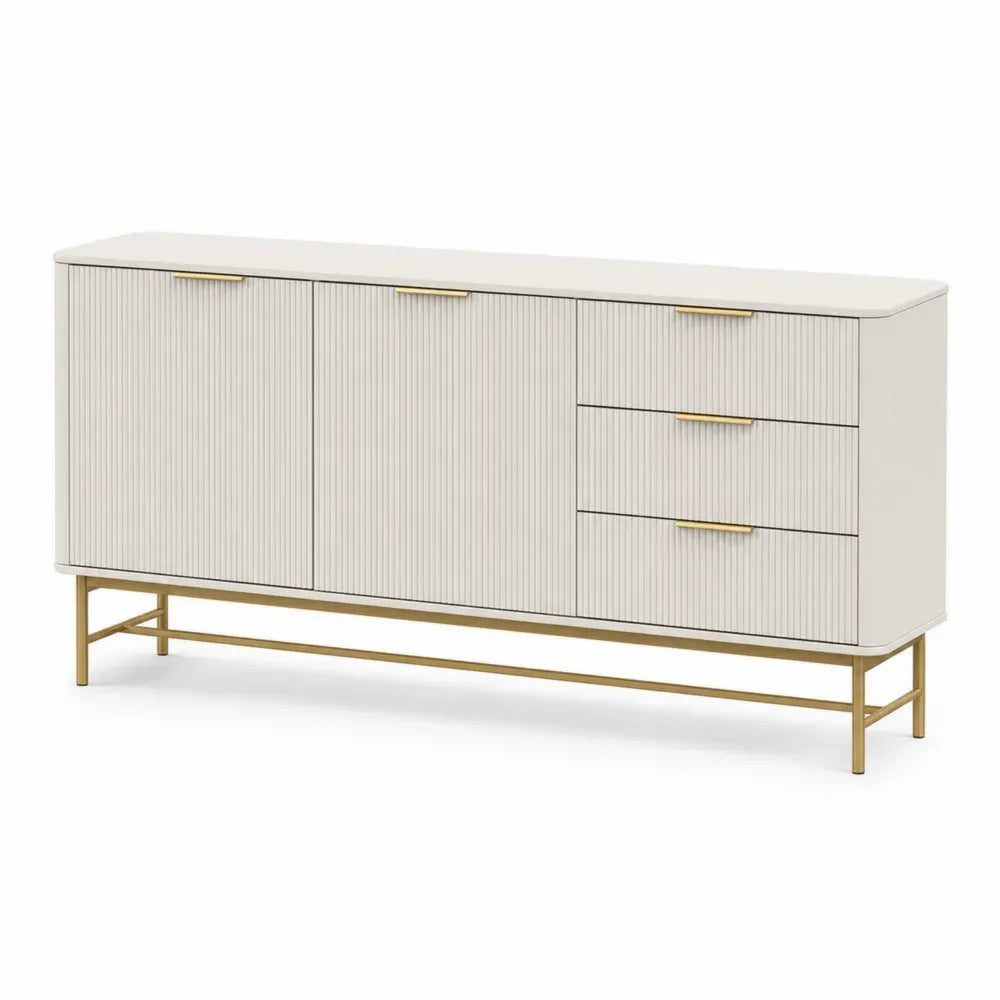 Sideboard Buffet mit 2 Türen und 3 Schubladen 160 x 40 x 80 cm MDF Stahlgestell rechteckig geriffelte Front Cremeweiß Goldfarben