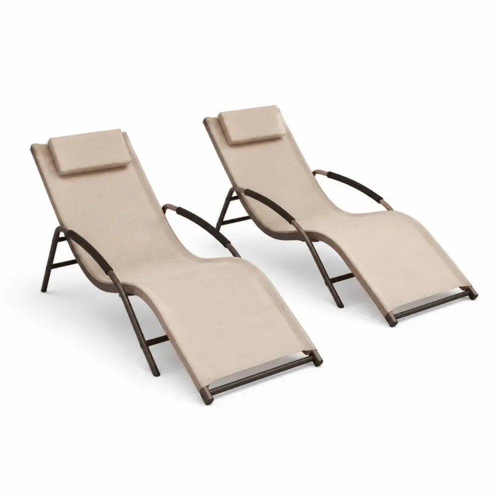 2er Set Sonnenliegen Gartenliegen mit Kopfkissen aus PVC-beschichtetem Polyestergewebe und Stahlrohr Beige Braun Dunkelbraun 165 x 63 x 85 cm