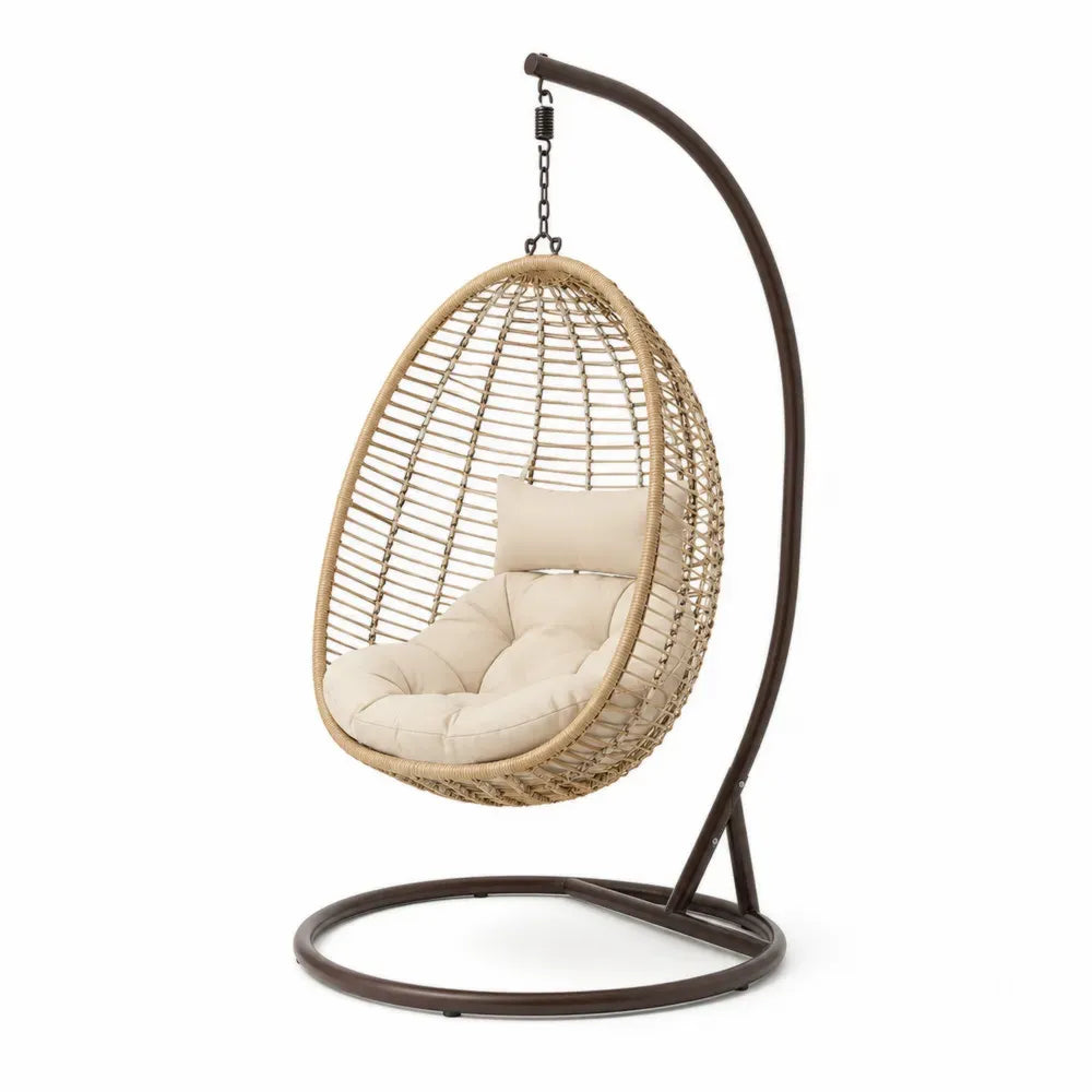 Hängesessel mit Gestell PE-Rattan Korb Stahlständer Polyesterkissen Eiform Naturbeige Creme Dunkelbraun Schwarz 105 x 105 x 195 cm