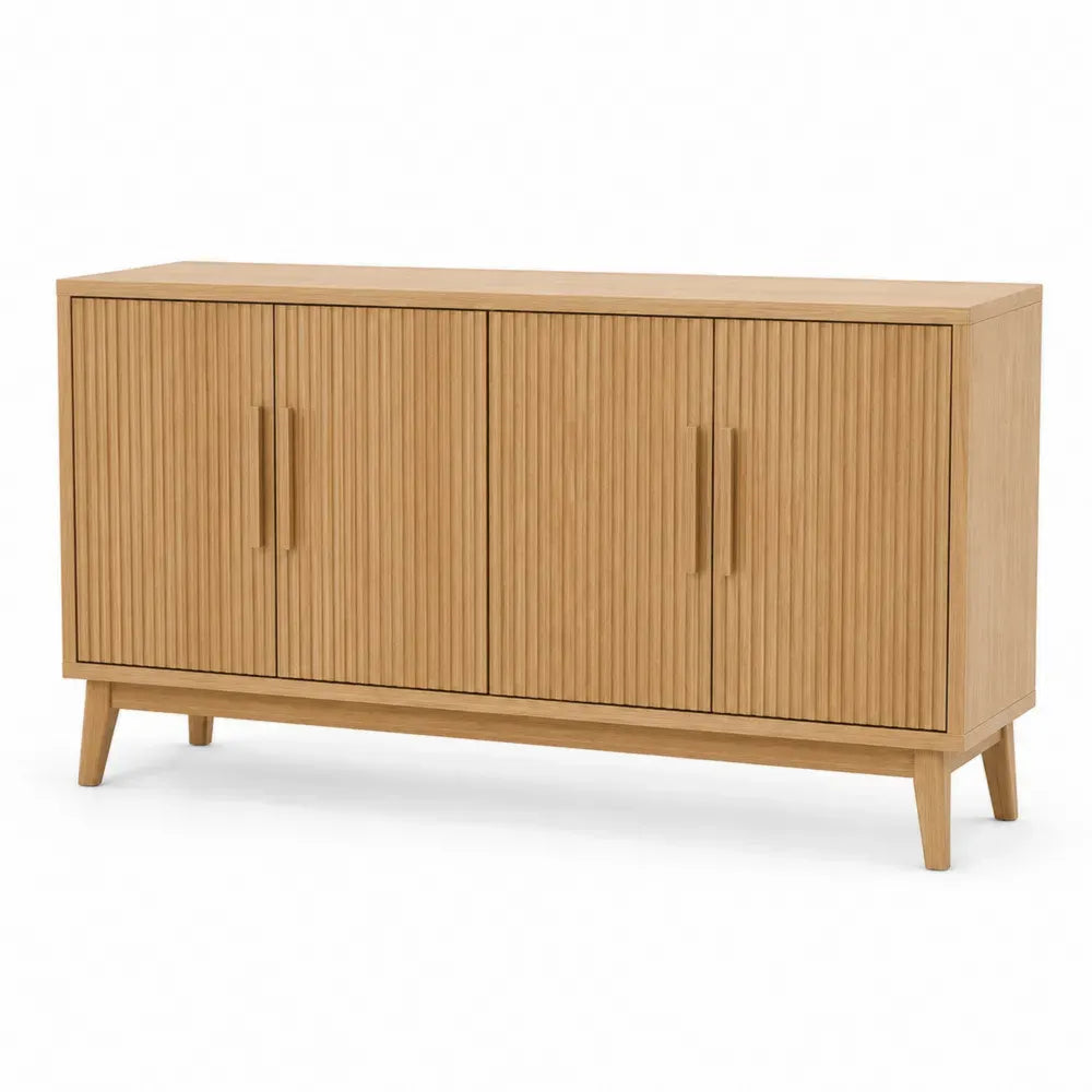 Sideboard Buffetschrank mit 4 Türen 160 x 40 x 80 cm MDF Platte Melaminharzbeschichtung Kautschukholz rechteckig geriffelte Front eiche natur