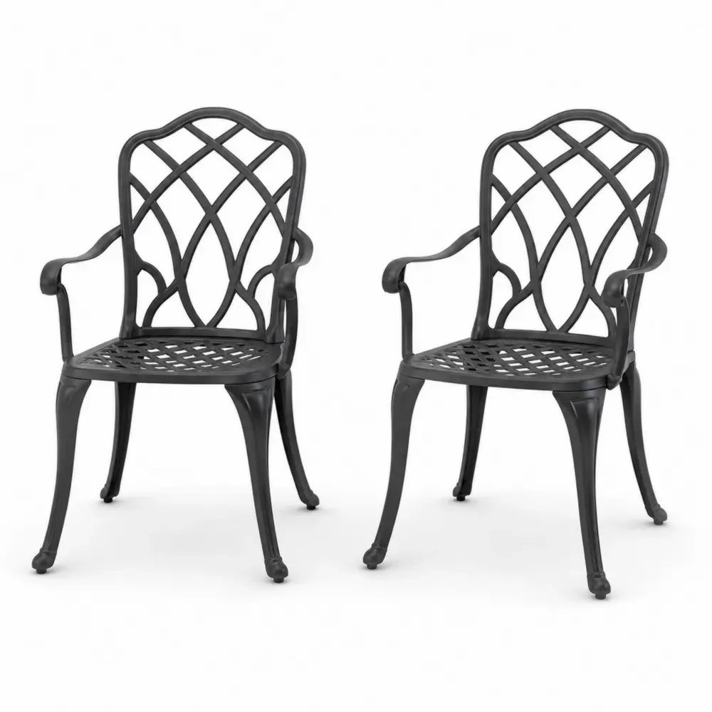 2er Set Gartenstühle mit Armlehnen Gitter Sitzfläche Ornament Rückenlehne Aluminiumguss Schwarz 56 x 60 x 92 cm