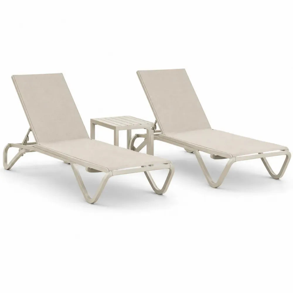 2er Set Sonnenliegen mit Beistelltisch aus Aluminium und Textilene Creme Beige Liege 190 x 60 x 88 cm Tisch 40 x 40 x 40 cm