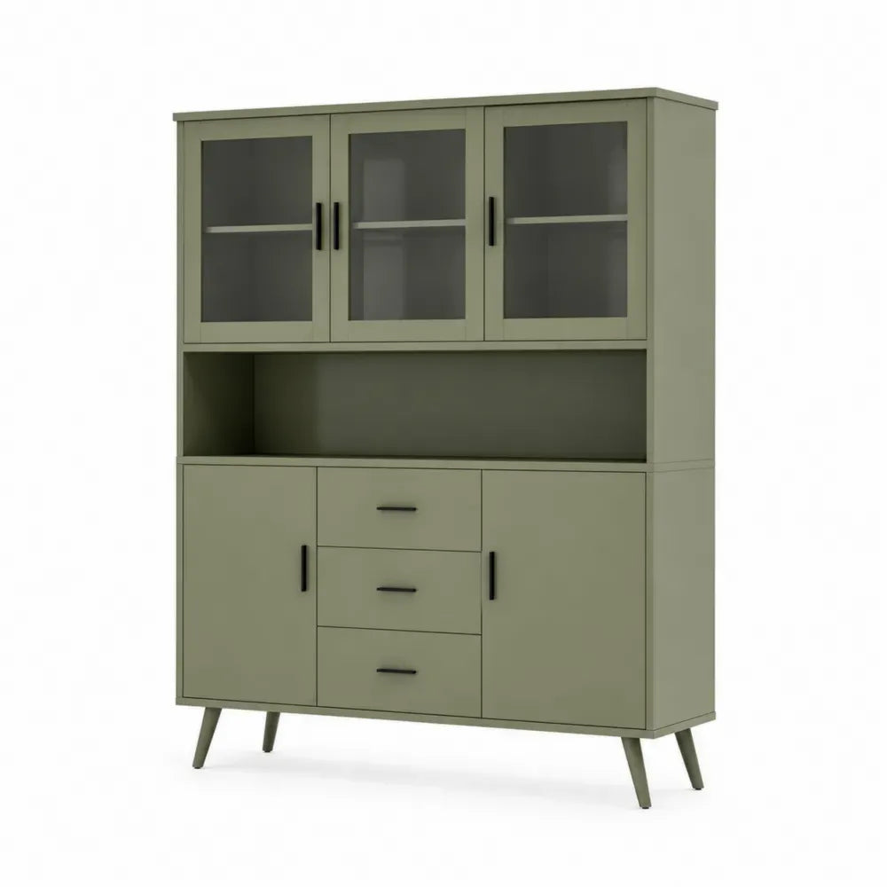 Aufbewahrungsschrank Vitrinenschrank MDF Melaminharzbeschichtung gehärtetes Rauchglas 3 Glastüren 2 Türen 3 Schubladen rechteckig Olivgrün Schwarz 100 x 40 x 160 cm
