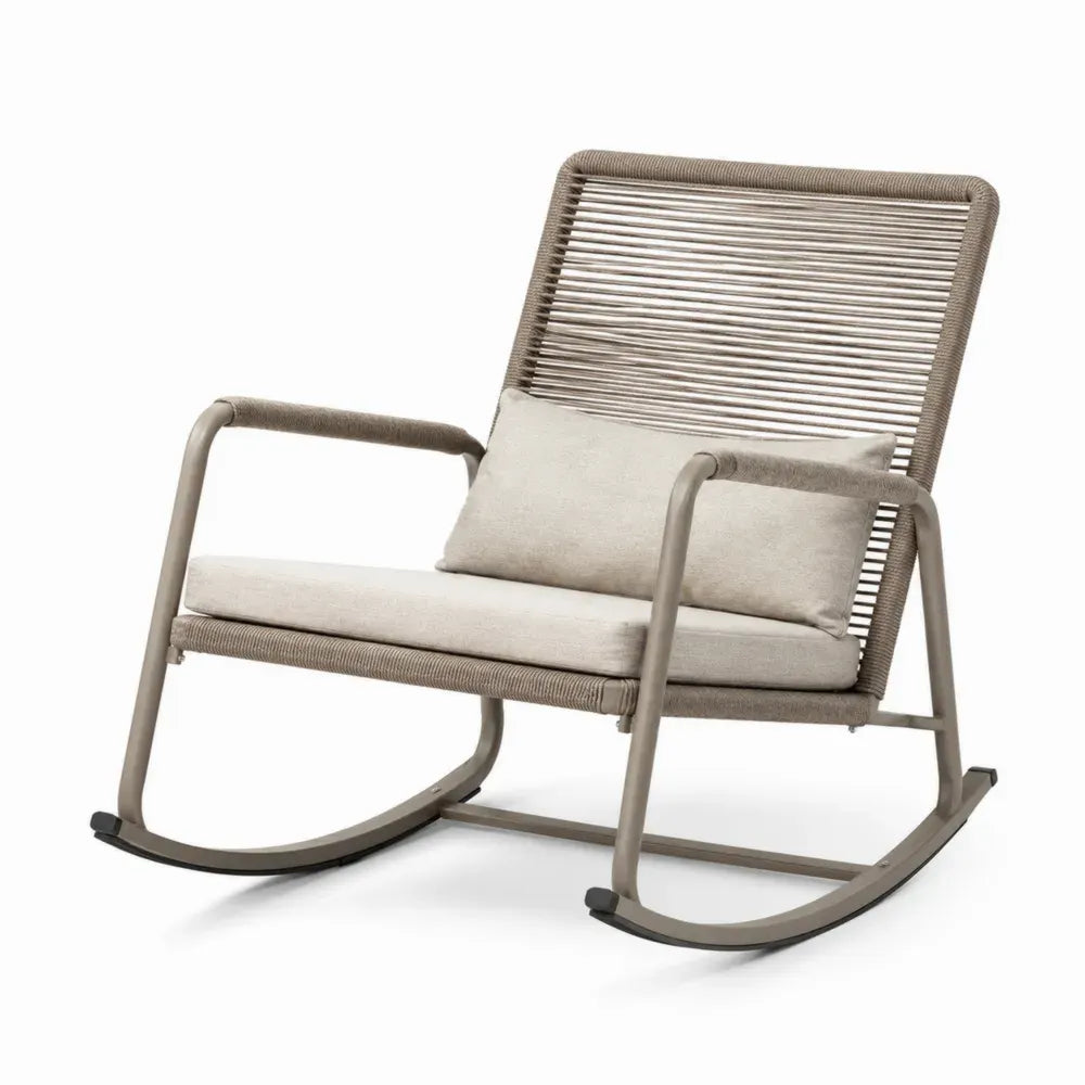 Gartenschaukelstuhl mit Armlehnen Stahlrohr Polyesterseil Polyesterkissen Kufenform Beige Taupegrau Graubeige Schwarz 78 x 92 x 88 cm