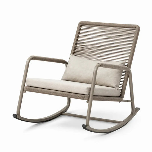 Gartenschaukelstuhl mit Armlehnen Stahlrohr Polyesterseil Polyesterkissen Kufenform Beige Taupegrau Graubeige Schwarz 78 x 92 x 88 cm