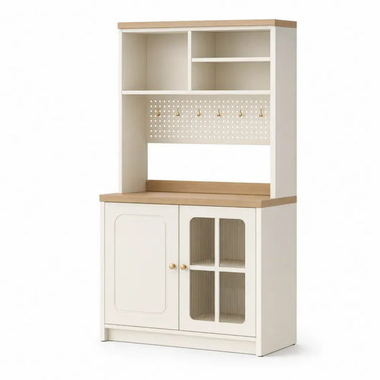 Buffetschrank Küchenbuffet mit Türen Hakenleiste und Regalen 90 x 40 x 180 cm MDF Eichenholzdekor gehärtetes Riffelglas rechteckig Elfenbein Natur Messingfarben