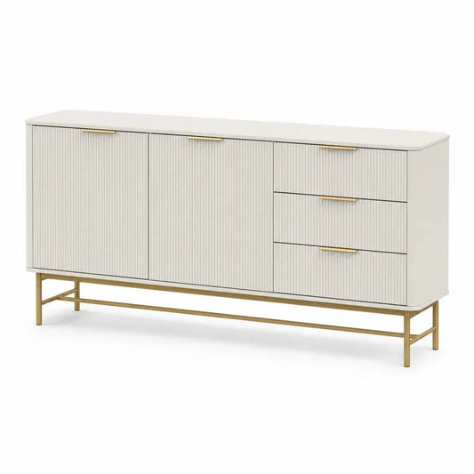 Sideboard Buffet mit 2 Türen und 3 Schubladen 160 x 40 x 80 cm MDF Stahlgestell rechteckig geriffelte Front Cremeweiß Goldfarben
