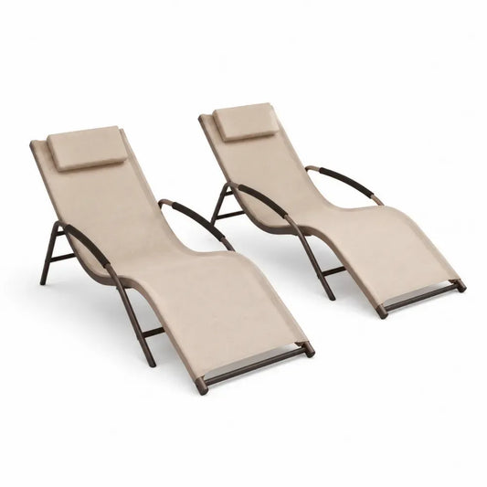2er Set Sonnenliegen Gartenliegen mit Kopfkissen aus PVC-beschichtetem Polyestergewebe und Stahlrohr Beige Braun Dunkelbraun 165 x 63 x 85 cm