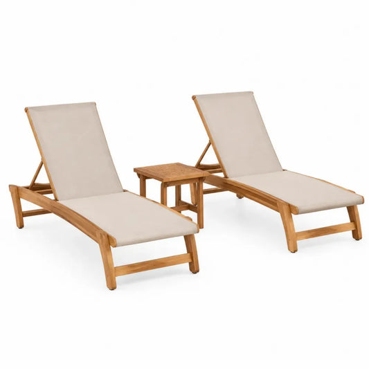 2er Set Sonnenliegen mit Beistelltisch aus Akazienholz und Polyestergewebe Naturfarben Beige Liege 195 x 60 x 88 cm Tisch 40 x 40 x 40 cm