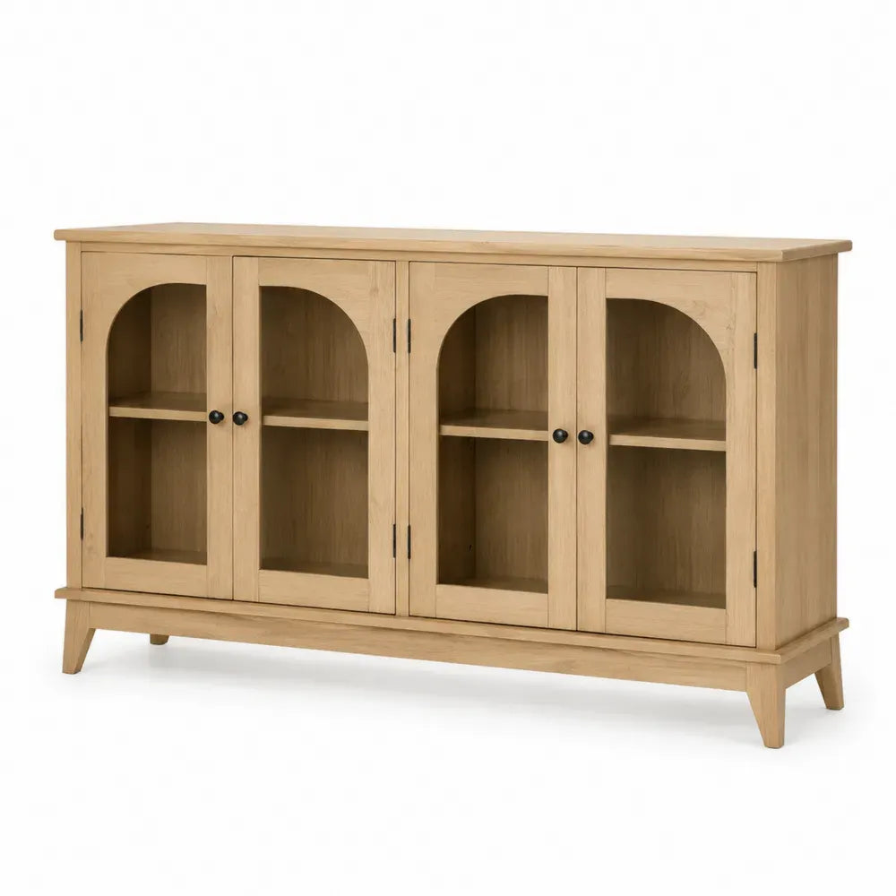 Sideboard Aufbewahrungsschrank 160 x 40 x 85 cm aus MDF mit Eichenholzfurnier Kautschukholz und gehärtetem Glas rechteckig Naturfarben Schwarz Transparent 4 Türen