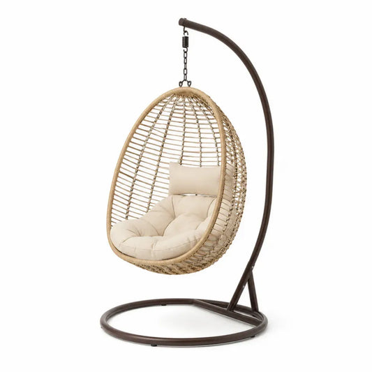 Hängesessel mit Gestell PE-Rattan Korb Stahlständer Polyesterkissen Eiform Naturbeige Creme Dunkelbraun Schwarz 105 x 105 x 195 cm