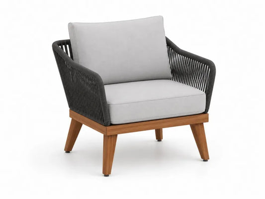 Gartensessel mit Armlehnen Akazien-Massivholz Polypropylen-Seilgeflecht Polyesterkissen rechteckige Sitzfläche Naturholzfarben Schwarz Grau 86 x 78 x 76 cm