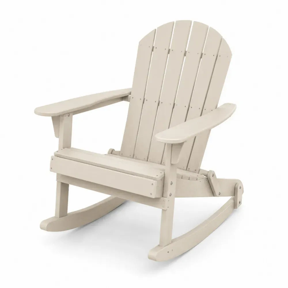 Garten-Schaukelstuhl Adirondack mit Armlehnen HDPE-Kunststoff Lattenrücken gebogene Kufen Beige 76 x 92 x 101 cm