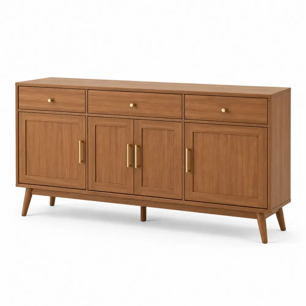 Sideboard Buffetschrank 160 x 40 x 82 cm aus melaminbeschichteter MDF Platte mit Kautschukholzbeinen rechteckig Braun messingfarben 3 Schubladen 4 Türen