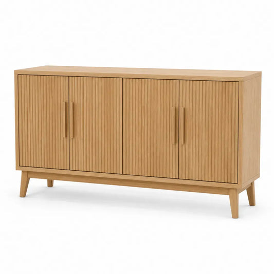 Sideboard Buffetschrank mit 4 Türen 160 x 40 x 80 cm MDF Platte Melaminharzbeschichtung Kautschukholz rechteckig geriffelte Front eiche natur