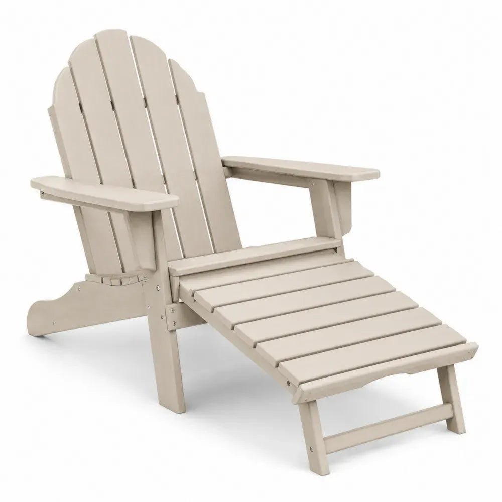 Adirondack Gartenstuhl mit ausziehbarer Fußablage fächerförmiger Rückenlehne HDPE Taupe Silber 78 x 150 x 96 cm