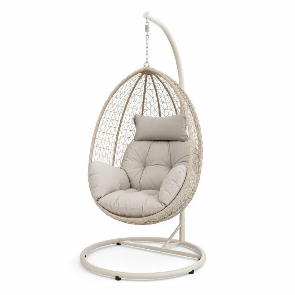 Hängesessel mit Gestell eiförmig aus PE-Rattan Stahl und Polyesterkissen Beige Creme Taupe 105 x 105 x 195 cm