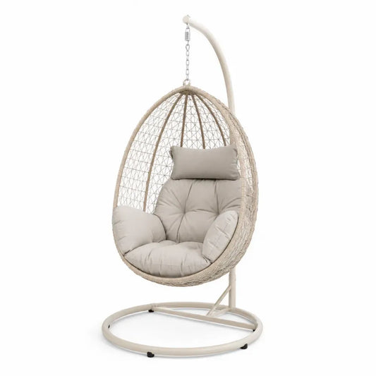 Hängesessel mit Gestell eiförmig aus PE-Rattan Stahl und Polyesterkissen Beige Creme Taupe 105 x 105 x 195 cm
