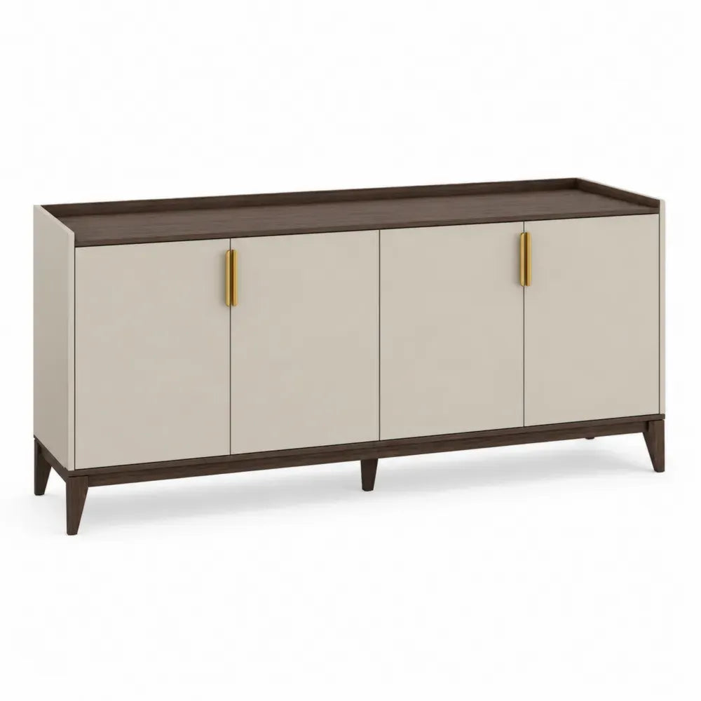 Sideboard Buffetschrank mit 4 Türen 180 x 40 x 80 cm melaminbeschichtete MDF Platte Kautschukholz rechteckig Creme Dunkelbraun Messingfarben