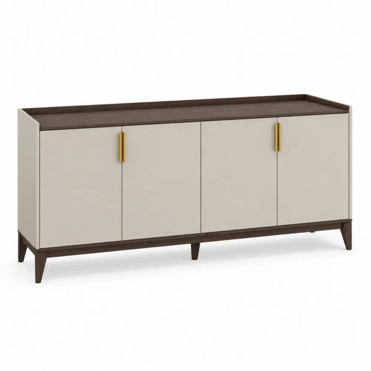 Sideboard Buffetschrank mit 4 Türen 180 x 40 x 80 cm melaminbeschichtete MDF Platte Kautschukholz rechteckig Creme Dunkelbraun Messingfarben