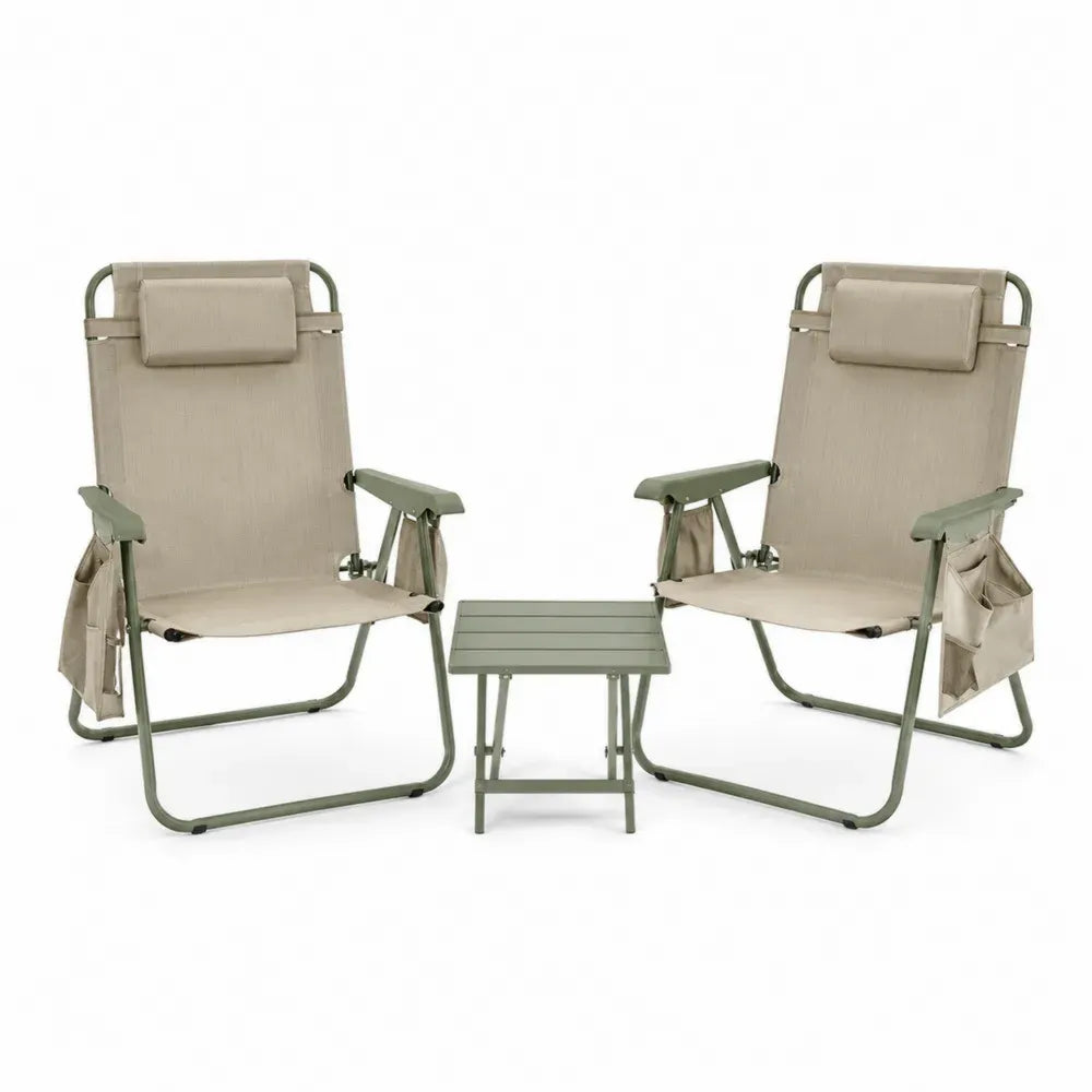 2er Set klappbare Gartenstühle mit Beistelltisch aus Stahlrohr und Polyester Oxfordgewebe Salbeigrün Beige Stuhl 62 x 68 x 95 cm Tisch 40 x 40 x 40 cm