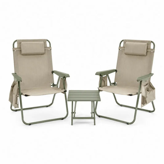 2er Set klappbare Gartenstühle mit Beistelltisch aus Stahlrohr und Polyester Oxfordgewebe Salbeigrün Beige Stuhl 62 x 68 x 95 cm Tisch 40 x 40 x 40 cm