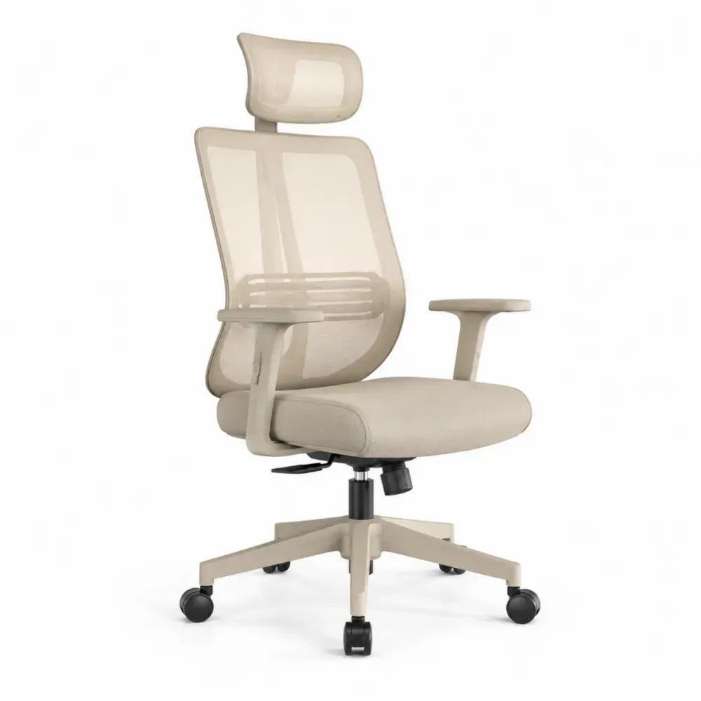 Bürostuhl Computerstuhl Drehstuhl mit Kopfstütze Lendenstütze Armlehnen Rollen Polyester-Mesh Polyurethanschaum PP Stahl Beige Weiß Schwarz Chrom 66 x 66 x 116 bis 128 cm