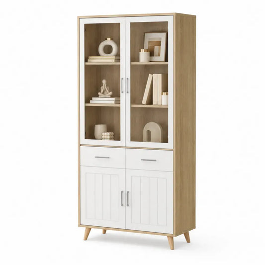 Vitrinenschrank Aufbewahrungsschrank 80 x 40 x 180 cm aus Spanplatte MDF gehärtetem Glas und Kautschukholz rechteckig Naturfarben Weiß Transparent Silberfarben
