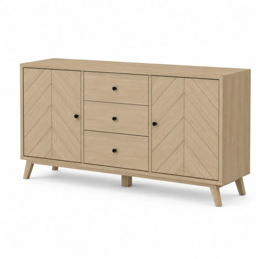Sideboard Buffetschrank 140 x 40 x 80 cm aus melaminbeschichteter MDF Platte mit Kautschukholzbeinen rechteckig Eiche hell Schwarz 3 Schubladen 2 Türen