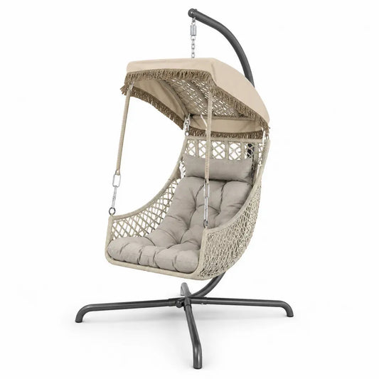 Hängesessel mit Gestell und Sonnendach aus Polyesterseil Stahl und Polyesterkissen Beige Graubeige Dunkelgrau Silber 110 x 110 x 198 cm