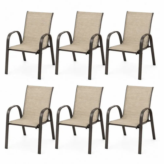 Gartenstuhl 6er Set mit Armlehnen rechteckig Textilene Stahl Beige Dunkelbraun 56 x 70 x 92 cm