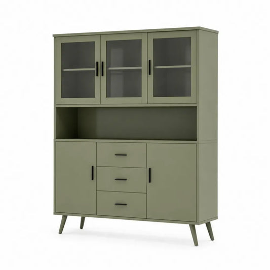 Aufbewahrungsschrank Vitrinenschrank MDF Melaminharzbeschichtung gehärtetes Rauchglas 3 Glastüren 2 Türen 3 Schubladen rechteckig Olivgrün Schwarz 100 x 40 x 160 cm
