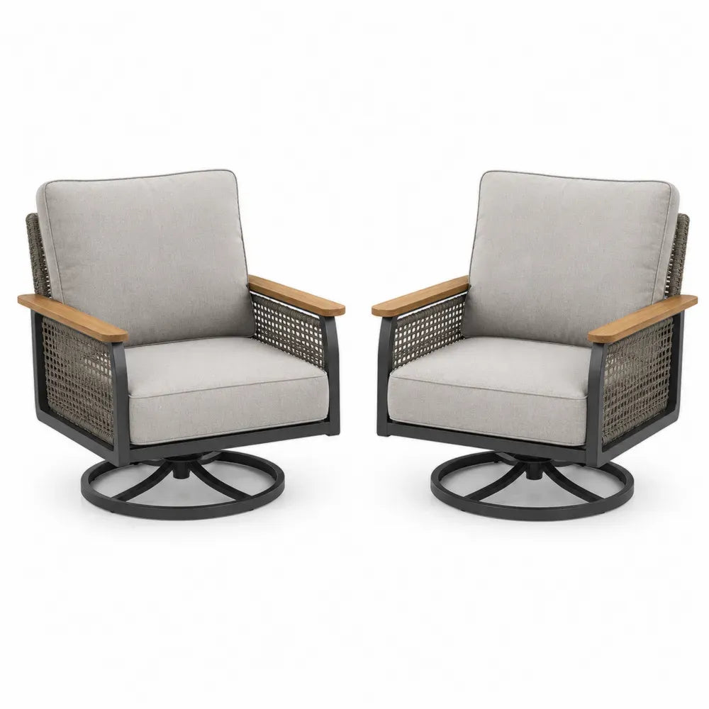 2er Set drehbare Gartensessel mit Armlehnen aus Stahl PE-Rattan Akazienholz und Polyesterauflagen Graubeige Schwarz Braun Taupe 78 x 82 x 88 cm