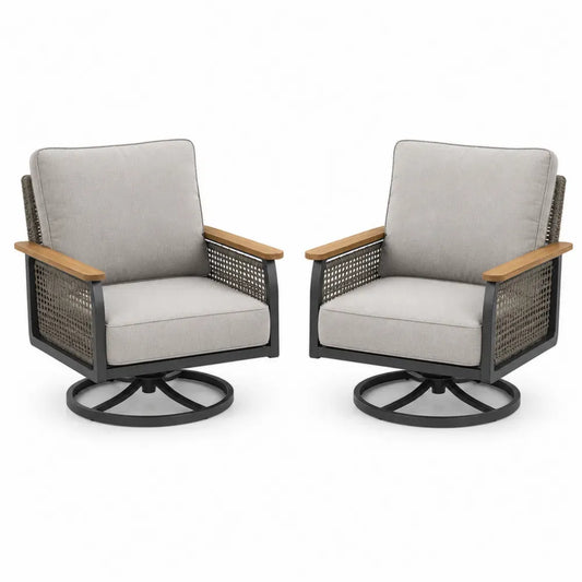 2er Set drehbare Gartensessel mit Armlehnen aus Stahl PE-Rattan Akazienholz und Polyesterauflagen Graubeige Schwarz Braun Taupe 78 x 82 x 88 cm