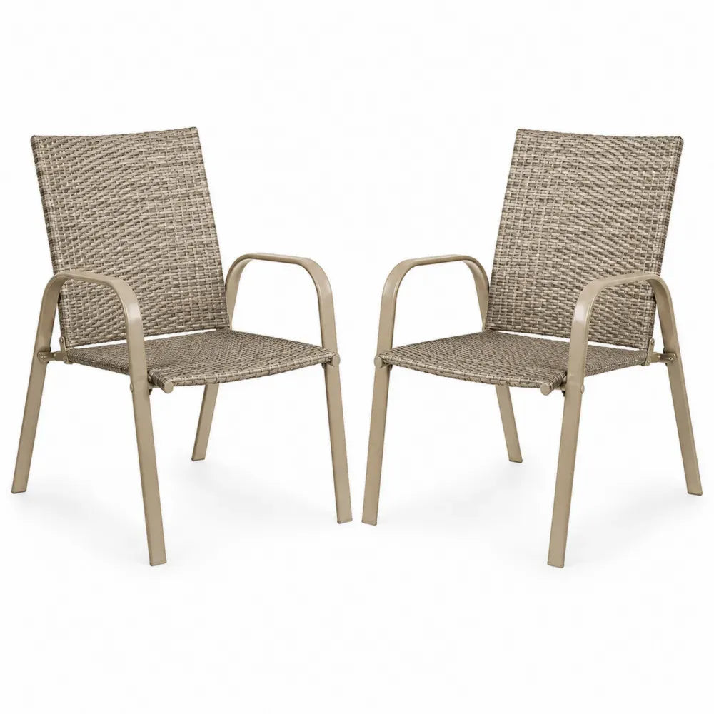 2er Set Gartenstühle mit Armlehnen aus PE-Rattan und pulverbeschichtetem Stahl Sandbeige Taupe-Beige 58 x 66 x 90 cm