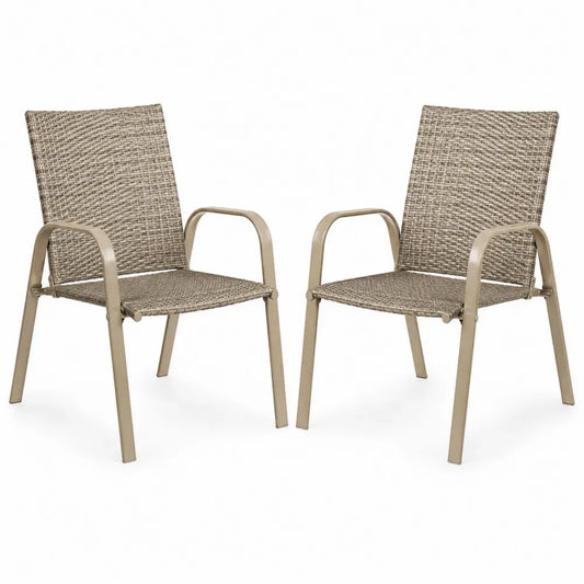 2er Set Gartenstühle mit Armlehnen aus PE-Rattan und pulverbeschichtetem Stahl Sandbeige Taupe-Beige 58 x 66 x 90 cm