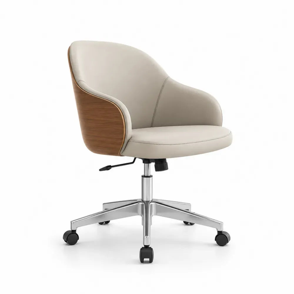 Bürostuhl Drehstuhl mit Armlehnen und Rollen 62 x 62 x 82-92 cm PU Kunstleder Sperrholz verchromter Stahl Walnussdekor Beige Walnussbraun Silberfarben Schwarz