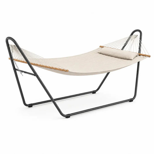 Hängematte mit Gestell und Kissen Baumwoll-Polyester-Mischgewebe Stahlrohr Spreizstäbe Creme Schwarz Natur 300 x 100 x 105 cm