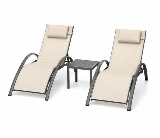 2er Set Sonnenliegen mit Beistelltisch aus Stahlrohr und Polyestergewebe Beige Dunkelgrau Schwarz Liege 165 x 62 x 88 cm Tisch 40 x 40 x 40 cm