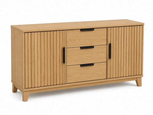 Aufbewahrungsschrank Sideboard 160 x 40 x 80 cm aus MDF mit Melaminharzbeschichtung Kautschukholzbeinen und Aluminiumgriffen rechteckig Naturfarben Schwarz 2 Türen 3 Schubladen