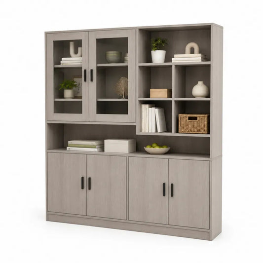 Wohnzimmerschrank Aufbewahrungsschrank mit 2 Glastüren 4 Drehtüren und offenen Fächern 150 x 40 x 165 cm Spanplatte MDF gehärtetes Glas rechteckig grau transparent schwarz