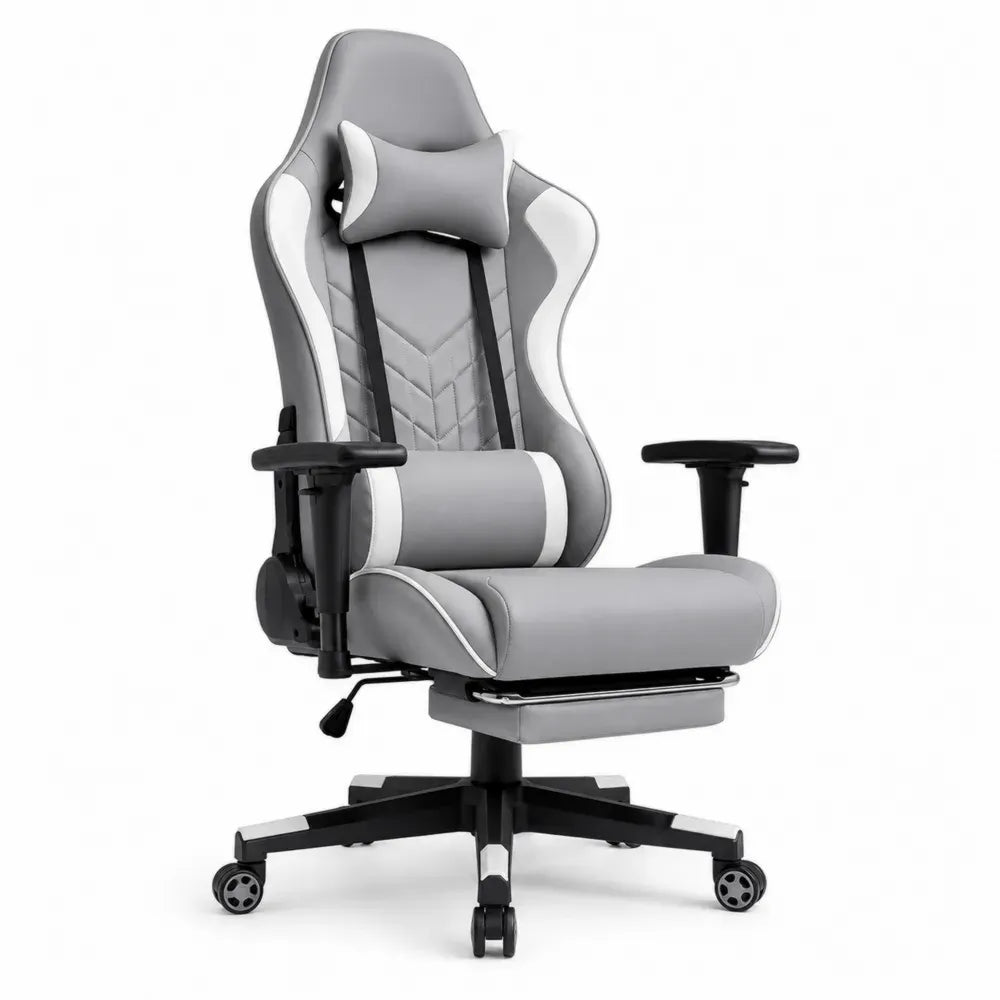 Gamingstuhl Bürostuhl Drehstuhl mit Kopfkissen Lendenkissen Armlehnen Fußstütze Rollen 68 x 68 x 124-134 cm PU Leder Polyurethanschaum Stahl Polypropylen grau weiß schwarz